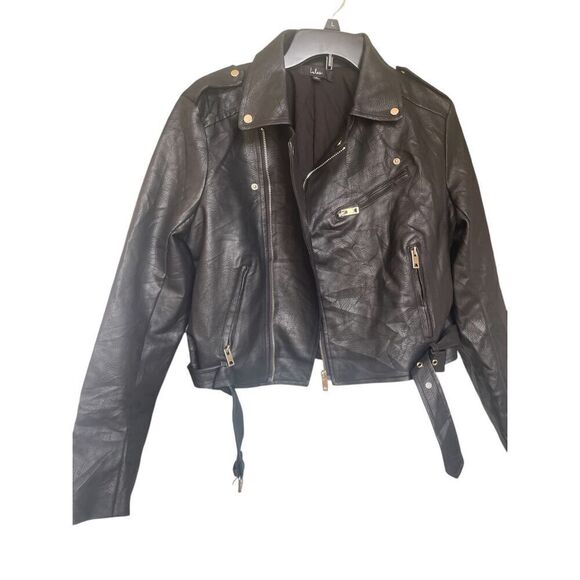 Lulus Women’s Faux Leather Moto Jacket Black L Belted Zippered - Picture 3 of 12